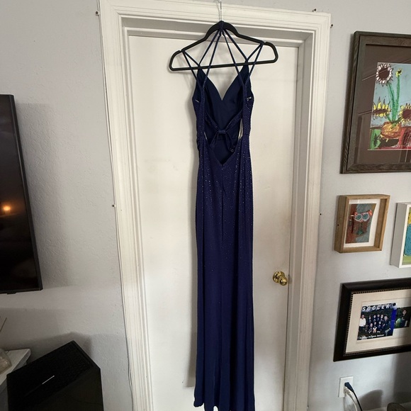 Elegant Navy Sparkle Cowl Neck Evening Dress - Picture 6 of 16